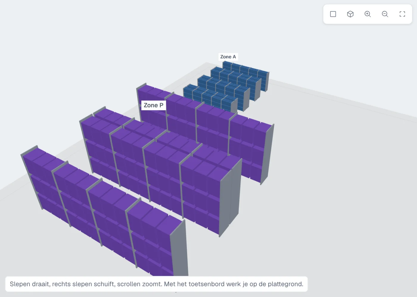 Warehouse in 3D with a pick zone and a bulk zone.