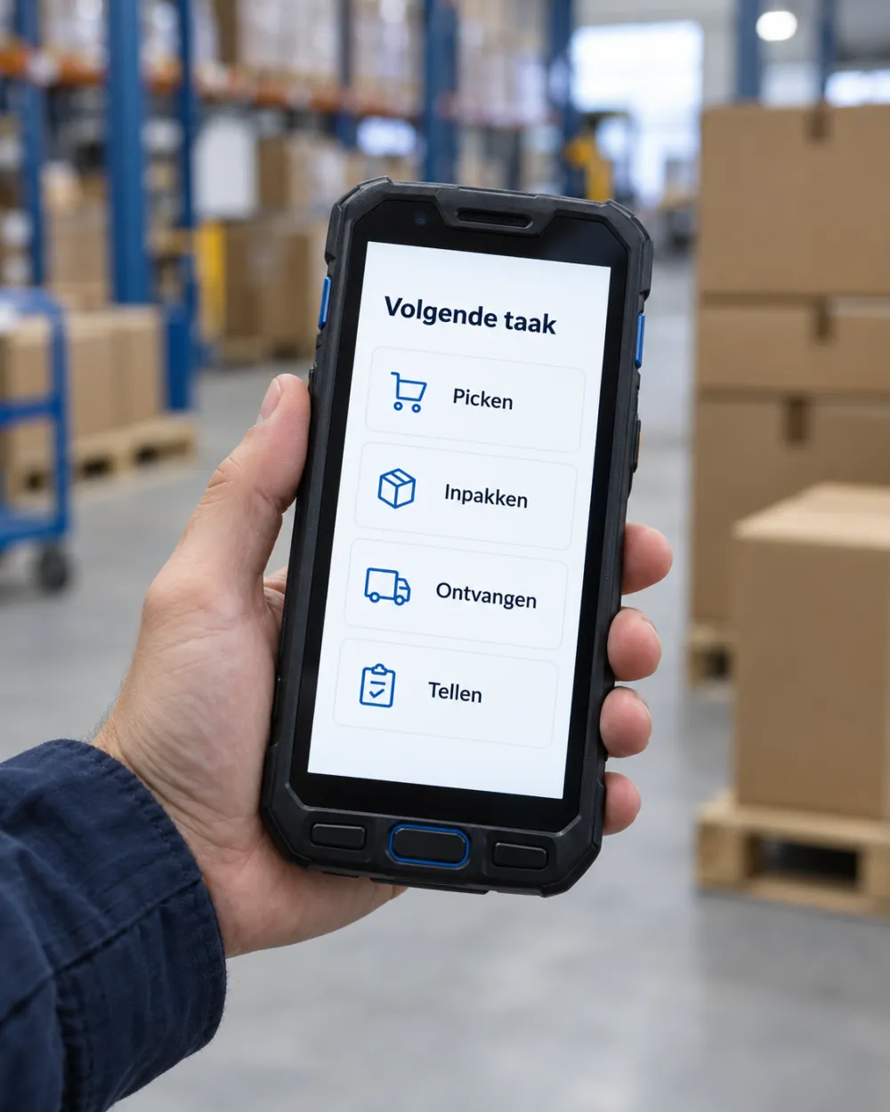 A handheld scanner with the tasks Picking, Packing, Receiving and Counting.